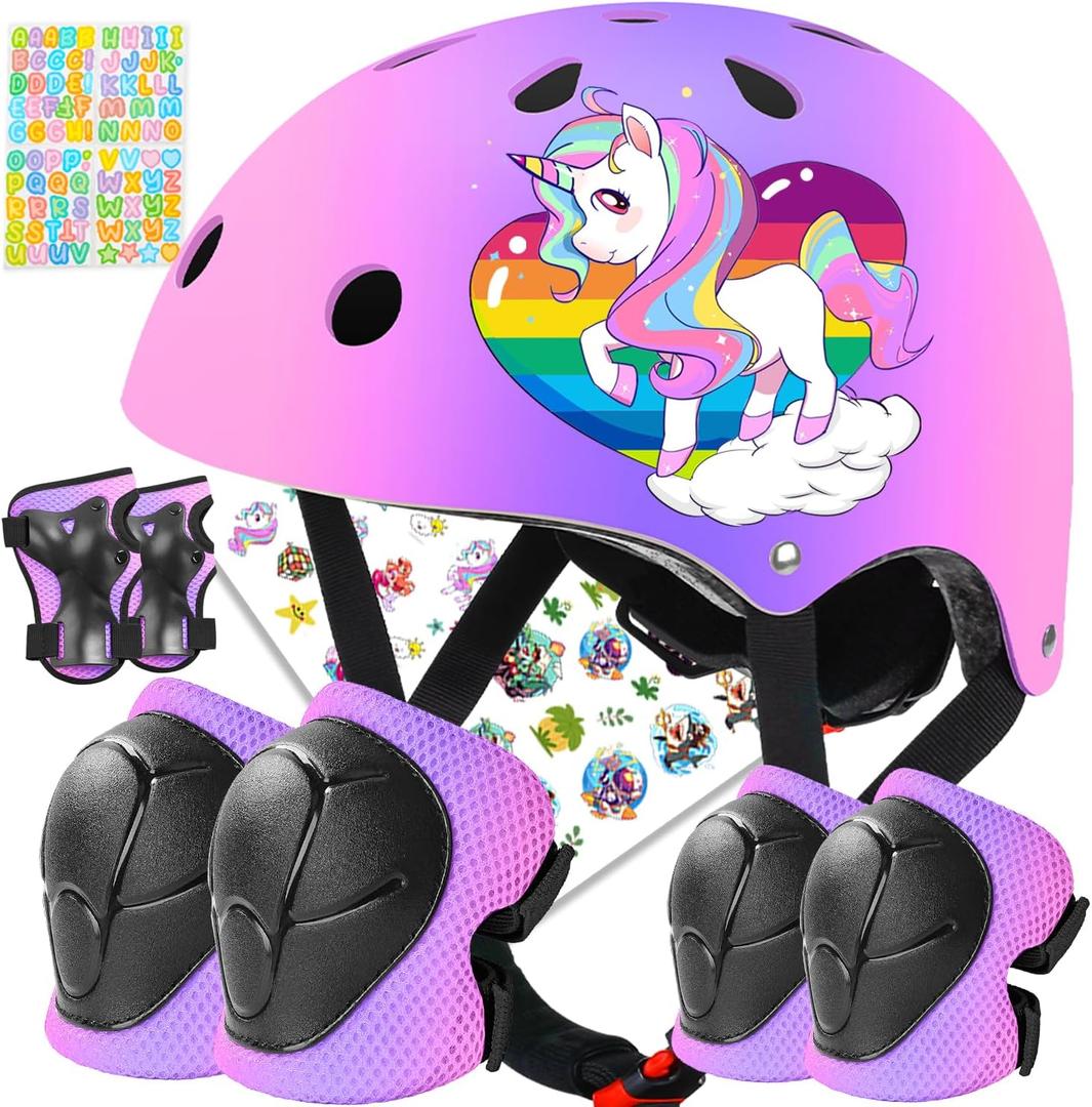 Toddler Kids Bike Helmet Set for Boys Girls Color Gradient Adjustable Skateboard Helmet Protective Gear Set Knee Elbow Wrist Pads for Bike, Roller, Scooter, Cycling, Balance and More Sports (Medium: 21.7"-22.8", Pink-Purple-Pink)