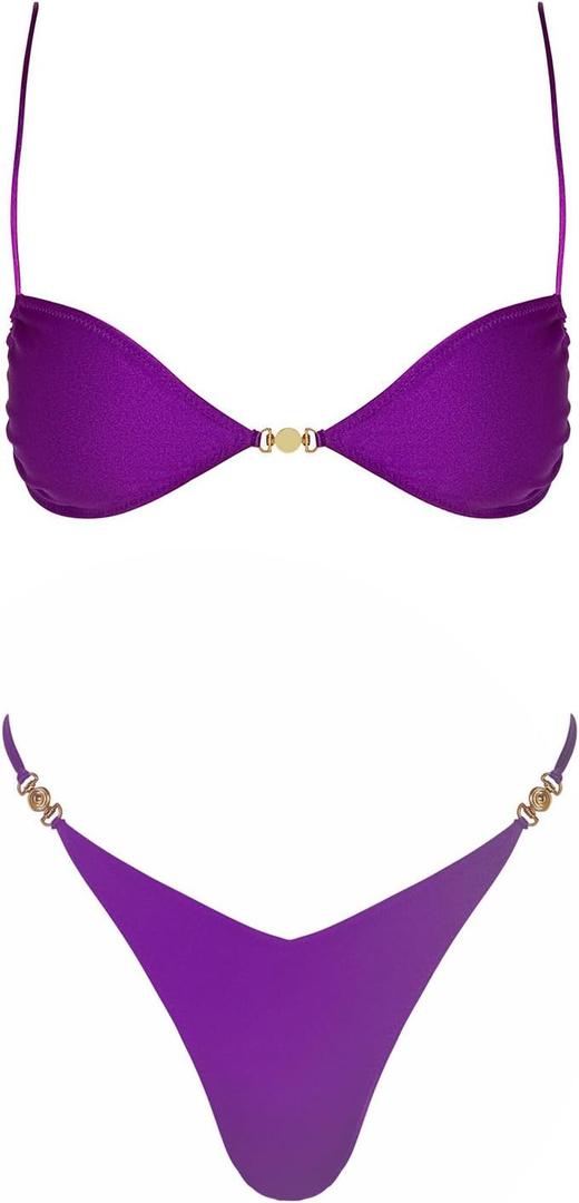 VOLAFA Women's Triangle Bikini Set Tie Solid Sexy Thong Cheeky Two Piece Swimsuit Bathing Suit (6, Purple)