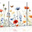 WARTHZ Colorful Flower Wall Art Set of 3 Neutral Floral Poster Prints Minimalist Rustic Watercolors Botanical Canvas Wall Decor Artwork Pictures for Bedroom Living Room 12x16 inch Framed