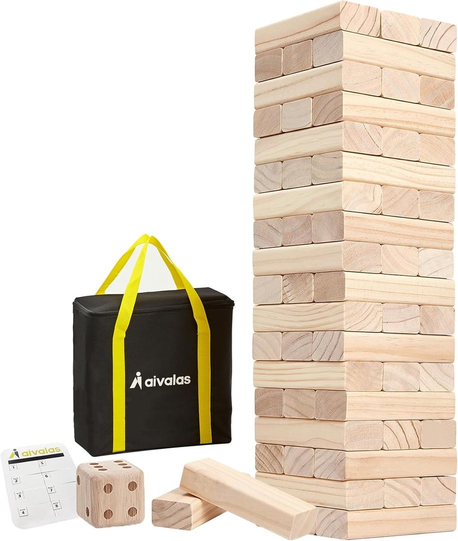 Aivalas Giant Tumbling Timber Games, 60 Blocks Large Tower Outdoor Game - Includes Carry Bag and Scoreboard, Wood Stacking Backyard Game Grows Up to 5FT for Kids Adults Family
