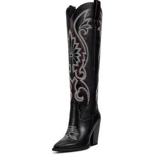 ISNOM Womens Cowboy Knee High Boots Cowgirl Boots Western Boots with Embroidered Pointed Toe Chunky Heel Slip on Retro Tall Boots, 10