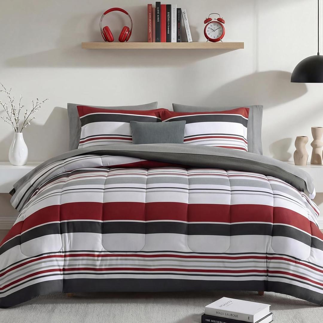 Monbix Full Size Comforter Set - 7 Pieces Bed in a Bag Full, Red and Black-Stripe Bedding Sets, All Seasons Comforter Bed Set with Sheets, Pillowcases & Shams