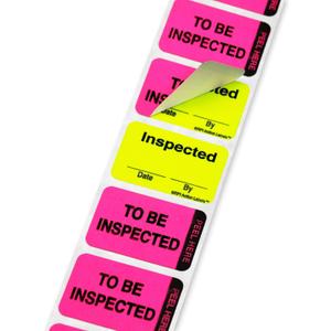 ChromaLabel 1 x 1.50 Inch Fluorescent Pink and Yellow Double Layer Quality Control Label, Imprinted Inspected by Stickers, 250 Quality Inspection Tags per Dispenser Box
