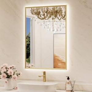 TokeShimi 24"x 36" Bathroom Mirror Backlit with Gold Frame, Dimmable Backlight LED Lighted Vanity Mirror with Shatter-Proof, Memory, 3 Colors, Anti-Fog Mirror with HD Tempered Glass