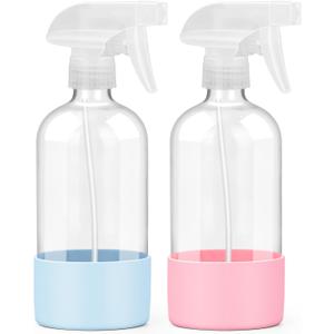2 Pack Glass Spray Bottles with Silicone Sleeve, 16 oz Empty Refillable Containers with Adjustable Spray Nozzles, Spray Bottles for Hair, Cleaning Solutions and Plants Blue&Pink