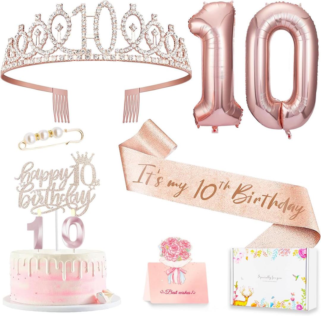 10th Birthday Decorations for Girl, 10th Birthday Sash and Crown, Cake Topper, Number Candles and Balloons, 10 Year Old Gifts for Girls
