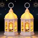 Eid Decorations, Ramadan Lantern Lights 2 Pack, Battery Operated Islamic Decorative Tabletop Lantern, Hanging Lamp with Moon Star, Eid Mubarak Decorations for Home Party Table (White)