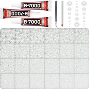 17000Pcs White Half Pearls Beads for Crafting, Flat Back Pearls Rhinestones Gem FlatBack Diamond for Decor Crafts Bedazzling Decoration Bedazzle Shoes Clothes Bedazzled 2,3,4,5,6,8,10mm and B7000 Glue