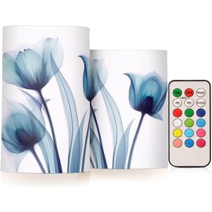 Flickering Flameless Candles, Blue Tulip Flower LED Candles with Remote Timer, Set of 2 Battery Operated Candle for Valentine Wedding Birthday (D3" x H5", D3" x H4", A1940)