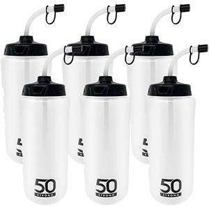 50 Strong 1 Liter BPA-Free Plastic Round Sports Water Bottle with Straw - 5 Pack