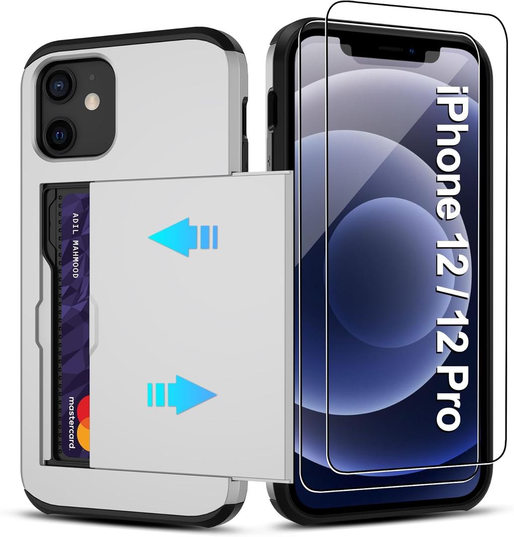 Pilaru for iPhone 12 Pro Case,iPhone 12 Case with Card Holder【2 Pcs HD Screen Protector】 Slim Heavy Duty Dual Layer Shockproof Design【Hidden Card Slot 】 Wallet Case for iPhone case 12/12 pro