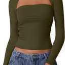 QINSEN Long Sleeve Square Neck Tops for Women Double Lined Side Ruching Going Out Shirts Basic Tee (X-Large, Olive Green)