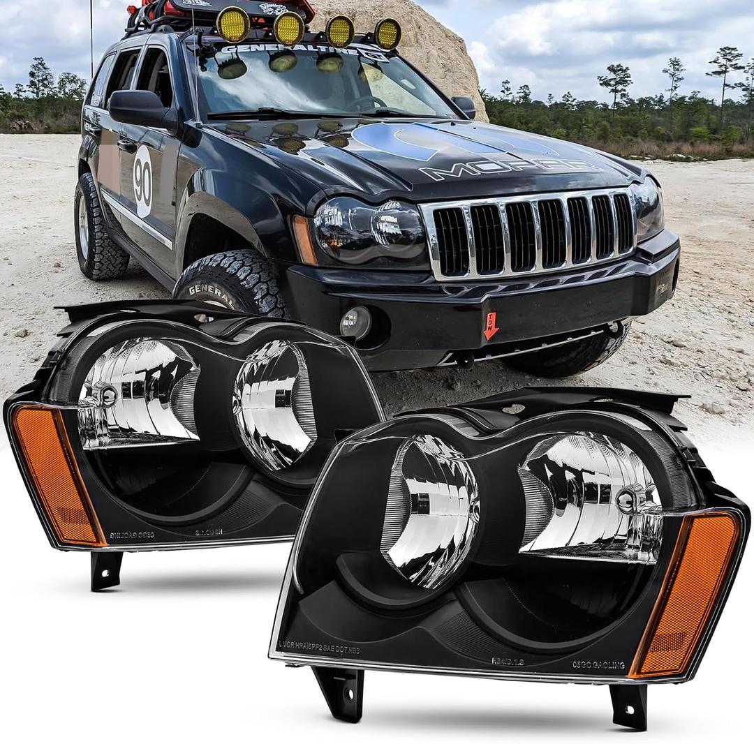 Headlights Assembly Compatible with 2005 2006 2007 Jeep Grand Cherokee Halogen Headlamp Replacement Black/Amber Head Lights Pair Set Driver & Passenger with Wiring Harness