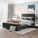 Merax Modern Upholstered Bed Frame with Cushioned Ottoman/ Wood Slat Support/ Easy Assembly Dark Gray, Queen