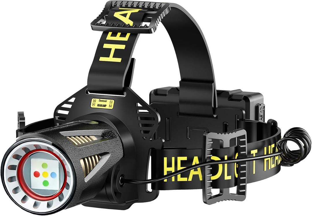 Multi Color Rechargeable Headlamp 2000 Lumen, 9000mAh Ultra Long Battery Life 15H Runtime, 5 LED RGB+395nm with Red Green Blue Light, Zoomable IP66 Waterproof Head Light for Camping Hunting Hiking