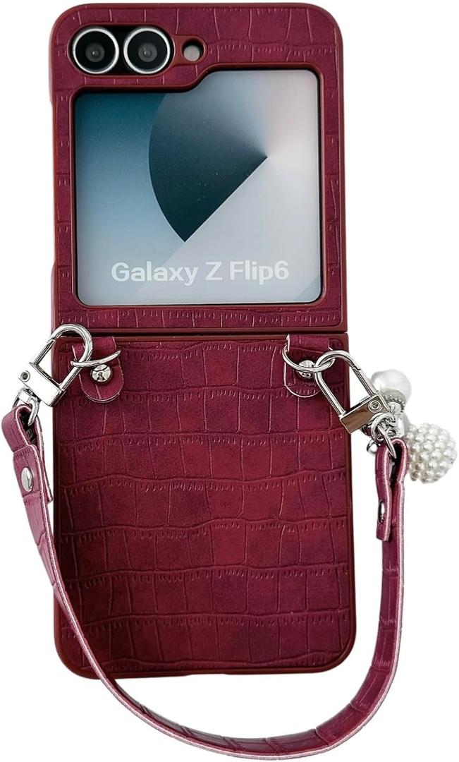 Case for Samsung Galaxy Z Flip 6 with Handle Wrist Strap, Faux Leather Classic Crocodile Pattern, Slim Fit Exquisite Fashionable Decoration for Women Girls (Red, Flip 6)
