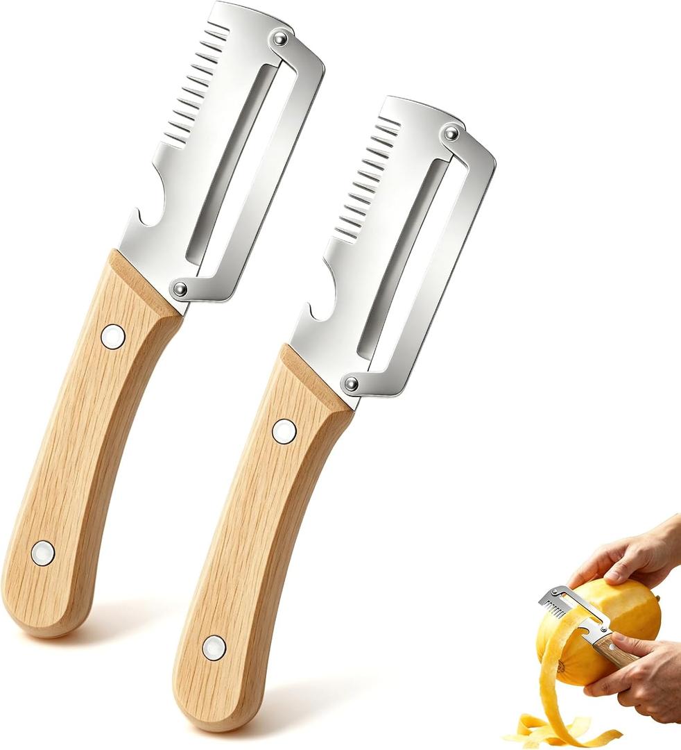 2 Pack Multifunctional Vegetable Peeler, 3 in 1 Kitchen Peeler with Bottle Opener and Wooden Handle, Kitchen Gadgets Tool for Fruit Pumpkin Peeling Potato Carrot Veggie Peeler