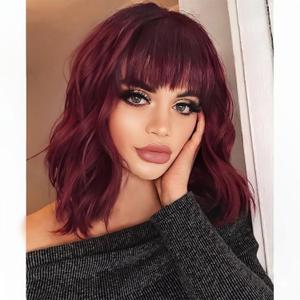 AISI HAIR Curly Bob Wig with Bangs Short Wavy Wine Red Color Wigs for Women Bob Style Synthetic Heat Resistant Bob Wigs