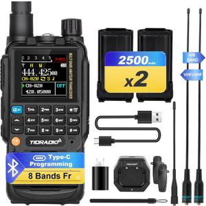 TIDRADIO TD-H3 Ham Radio Handheld(2PCS Batteries), 8-Bands, Wireless &Type C Programming, Frequency Match, Air Band &771 Long Antennas, Walkie Talkie Rechargeable Portable Two Way Radio Full Kit, 1Pack