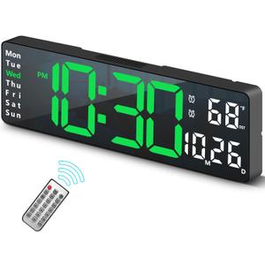 Digital Clock, Digital Wall Clock for Living Room Decor, Desk Alarm Clock for Bedroom, Large Wall Clock with Remote Control, Automatic Brightness Dimmer LED Clock with Date Temperature Week (Green-B)
