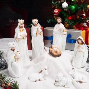 Nativity Sets for Christmas Indoor, Hand-Painted Nativity Scene Indoor 7.5" Holiday Decoration, 9-Piece Set