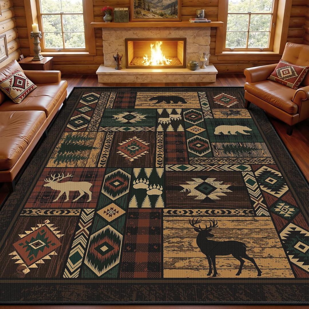 Rustic Cabin Washable 8x10 Area Rugs for Living Room, Upgrade Non-Slip Animal Bear Deer Print Pattern Rug Low Pile Ultra-Thin Lodge Hunting Large Carpet for Bedroom, Dining Room, Office, Rustic Multi