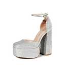 DREAM PAIRS Women’s High Chunky Platform Closed Toe Block Heels Square Toe Ankle Strap Dress Wedding Party Pumps Shoes Aurelia, Size 8, Silver-Rhinestone, SDPU2319W-1