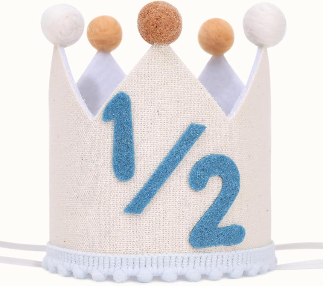 Blue and Cream 1/2 Birthday Hat for Baby Boys Halfway to One Birthday Crown, Light Blue Felt Number Half Bday Decorations, 6 Months Milestone Party Hat for Baby Boy Photo Prop