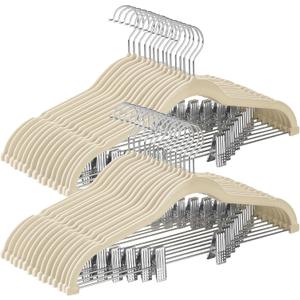 SONGMICS 20-Pack Pants Hangers, 16.7-Inch Long Velvet Hangers with Adjustable Clips, Heavy-Duty, Non-Slip Skirt Hangers, Space-Saving for Pants, Skirts, Coats, Dresses, Sandy Beige UCRF012K20