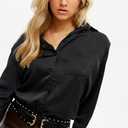 Satin Button Down Shirts for Women Long Sleeve Slim Fit Office Blouses Casual Business Silk Tops with Pocket S-XXL (Black, XL)