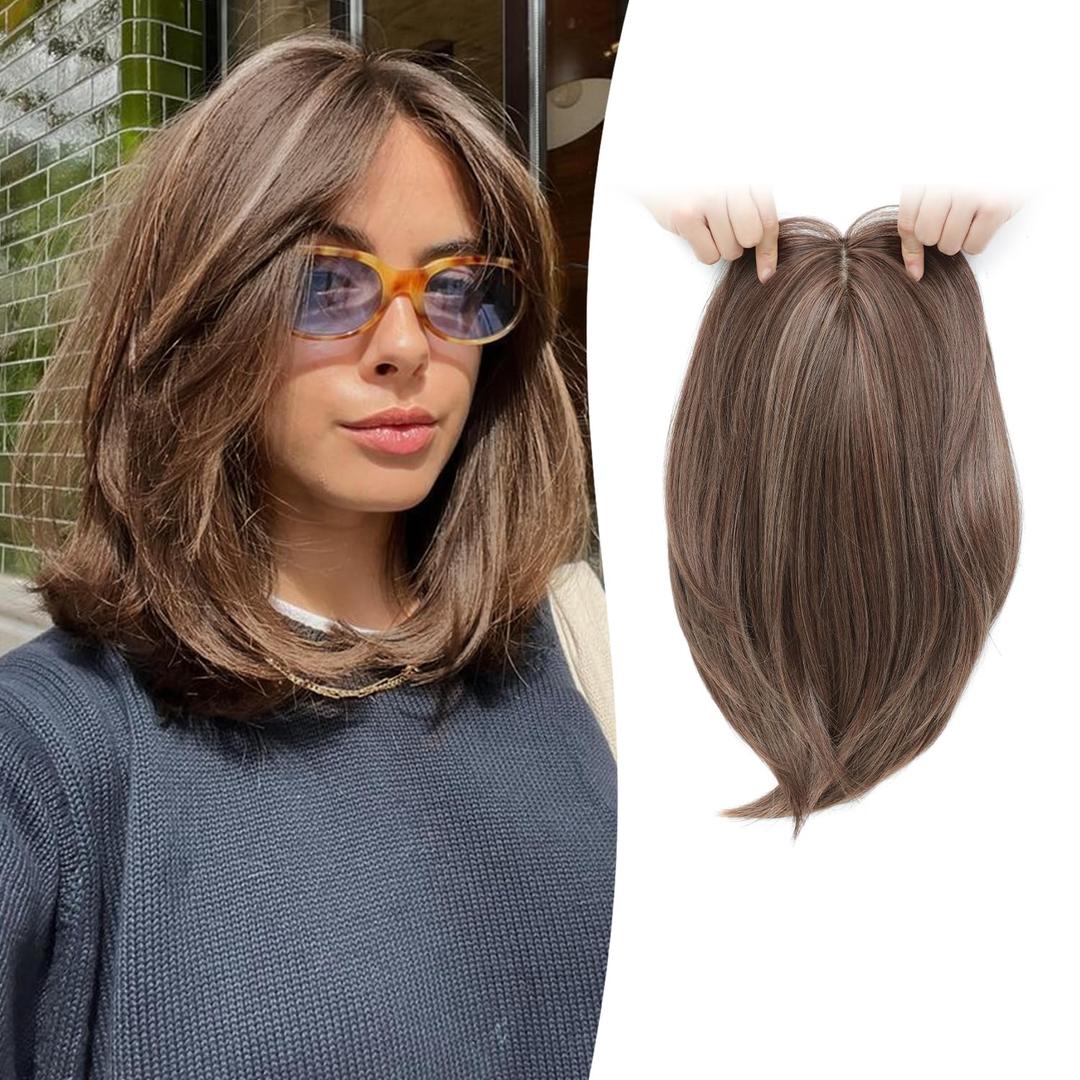 Hair Topper 12inch Clip in Synthetic Hair Toppers for Women with Thinning Hair Breathable 6.5"X6.5" Big Base Toppers Hair Pieces for Women Daily Use Dark Brown with Highlights
