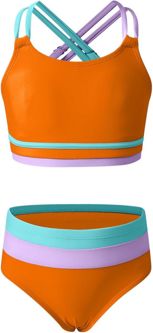 blibean Girls Swimsuit Teen Colorblock Bathing Suits, Orange, Size 12-13
