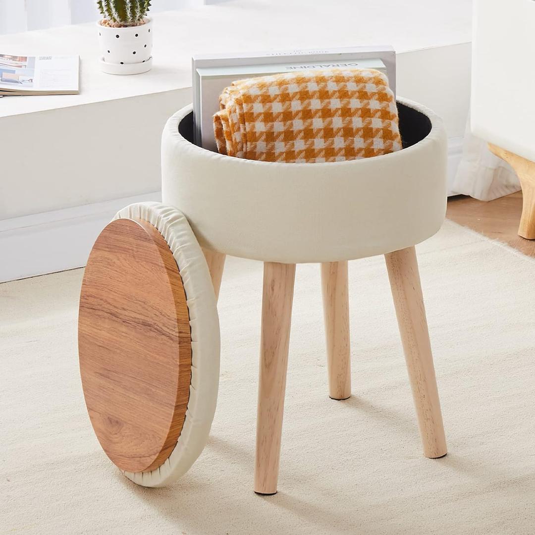 Mxfurhawa Storage Ottoman Linen Round Vanity Stool Tray Top Modern Foot Stool with Wood Legs Multifunctional Upholstered Foot Ottoman Rest for Living Room, Bathroom, Makeup (White)