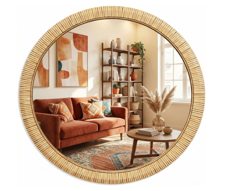 Barnyard Designs Rattan Wall Mirror, Round Farmhouse Boho Accent for Bathroom, Entryway or Bedroom, Handwoven Natural Honey Rattan Frame (25.5", Round)