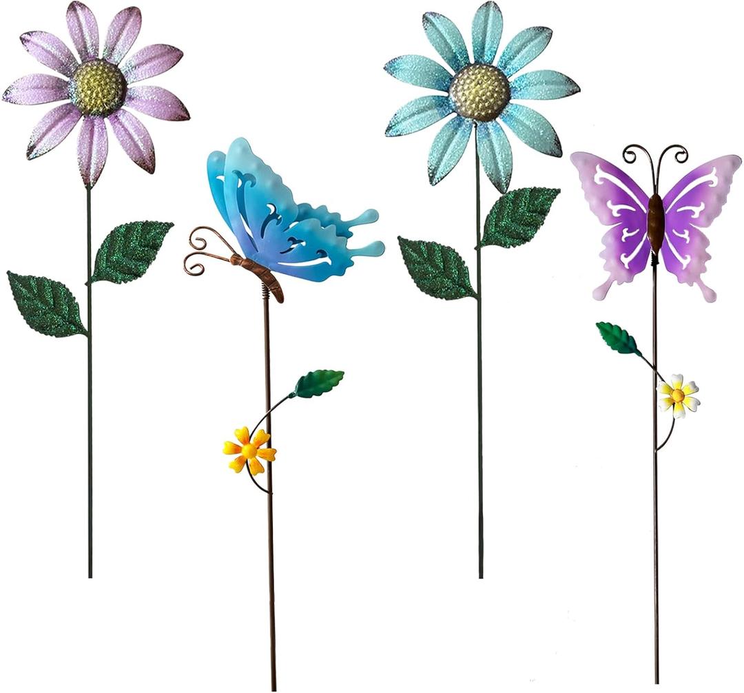 Metal Flowers for Outside, 16.15" 4-Pack Metal Colorful Butterfly & Flower Decorative Garden Stakes for Spring Garden Decor, Shaking Head Yard Art Decorations for Patio Lawn Ornaments