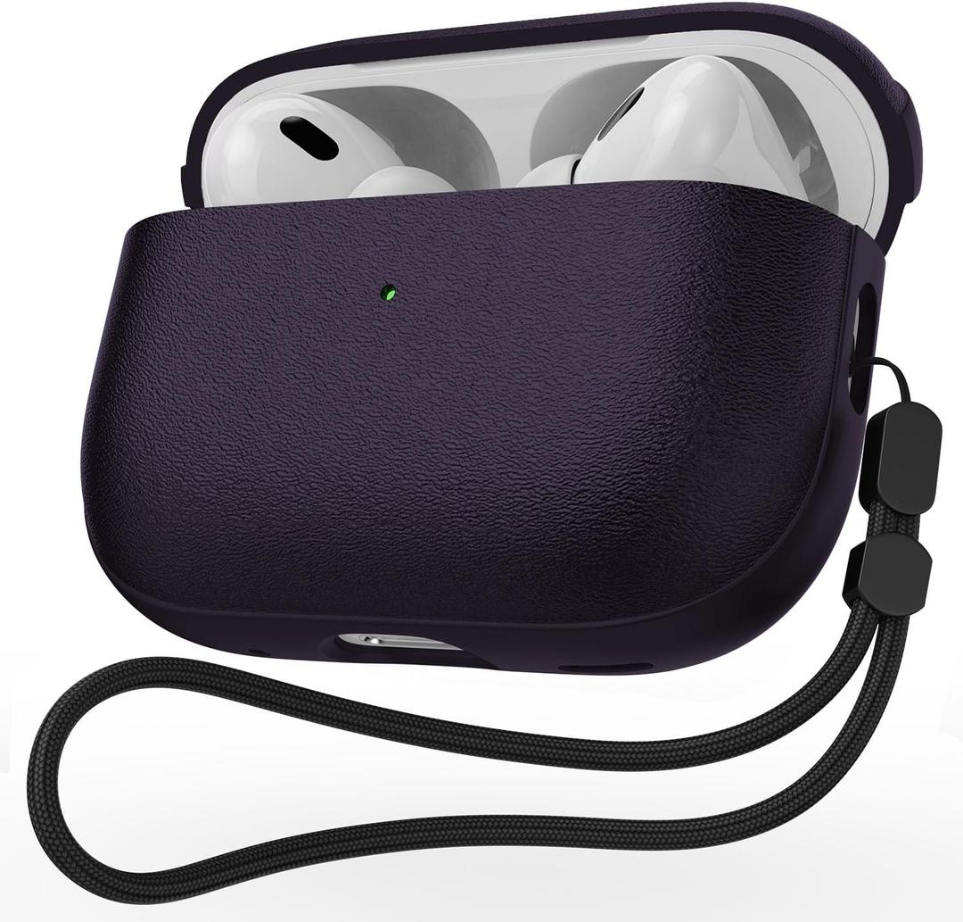 for AirPods Pro 3 Case 2025, JIELIELE (Leather Texture) Full-Body Protective Airpods Pro 3rd Generation Cover with Lanyard, Supports Wireless Charging, Front LED Visible Purple