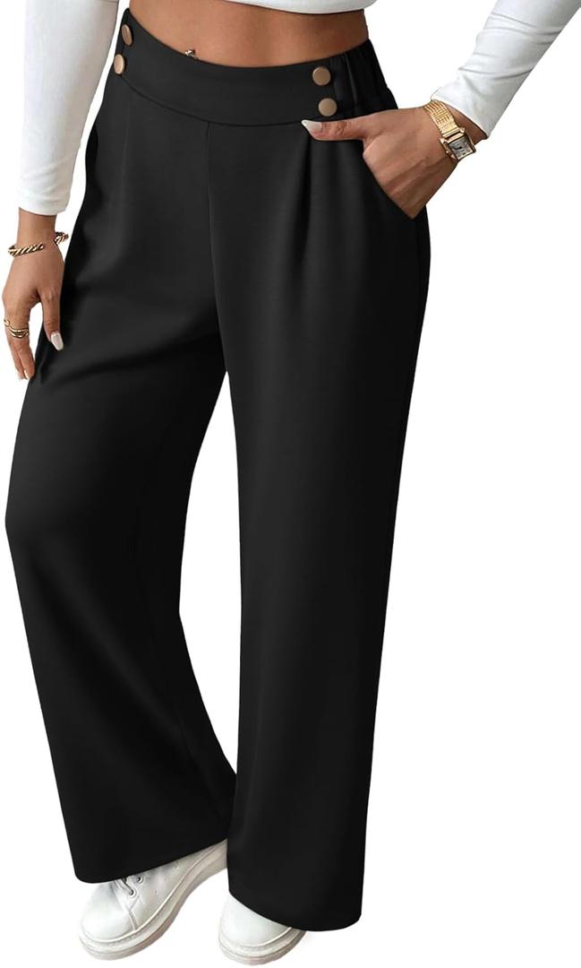 EVALESS Womens Wide Leg Work Pants Straight Elastic High Waisted Double Button Trousers Business Casual Pants with Pockets (Small, Black)