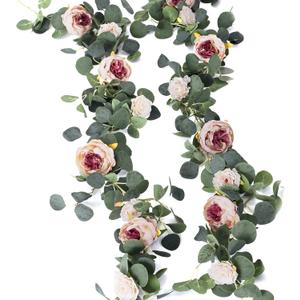 MISSPIN 2pcs Artificial Flowers Garland Eucalyptus Garland Vintage Fake Flower Peony Rose Vine Greenery Decorative Wall Hanging Plant for Wedding Arch Door Arrangement Party Decor (Vintage Pink, 2)