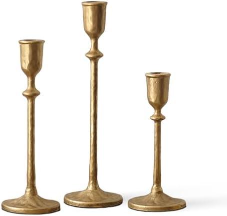 Antique Brass Candlestick Holders Set of 3, Cast Iron Taper Candle Holder for Dining Table Centerpiece, Wedding, Fireplace Mantel Decor, Vintage Tall Candle Stands, Christmas Decorations