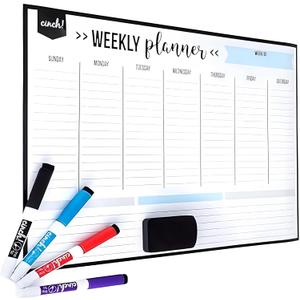 Cinch! 19x13-Inch Magnetic Whiteboard for Fridge - Weekly Calendar and Meal Planner - Stain Resistant Dry Erase Board with 4 Fine Tip Markers and Eraser - Magnetic Weekly Planner for Easy Scheduling