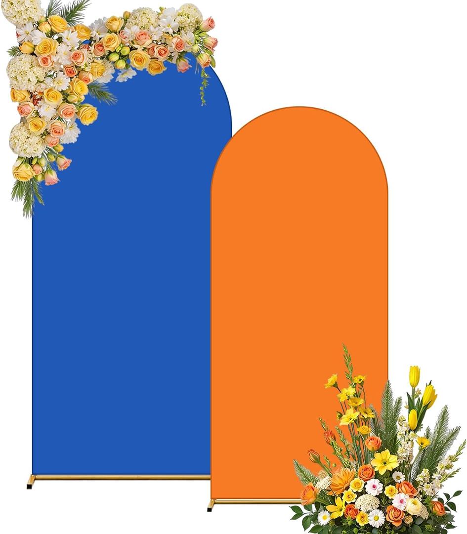 Arch Backdrop Cover Set of 2 (6FT/7.2FT) Double Color Graduation Birthday Party Arch Cover Decorations Spandex Fitted Chiara Arch Backdrop Covers for Wedding Baby Shower Bridal Shower (Orange + Blue)