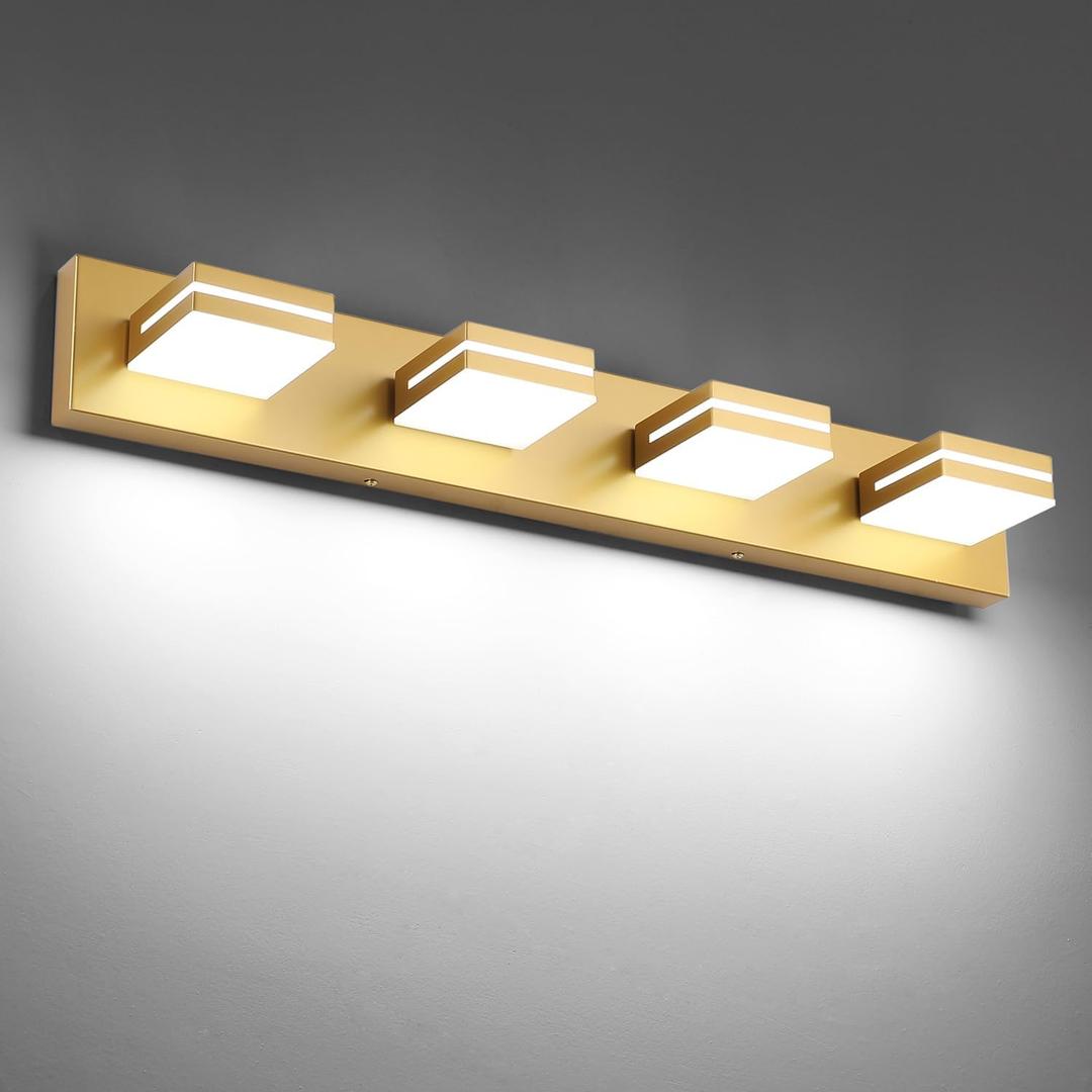 SineRise LED Modern Bathroom Vanity Light Fixtures, Modern Acrylic Bathroom Wall Lighting Fixtures Over Mirror, 4-Light, 30-Inch, Gold, White