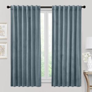RYB HOME Velvet Curtains 63 inches Length, Back Tab & Rod Pocket Soft Fabric Curtains & Drapes for Bedroom Bathroom Cafe, Stone Blue, W 42 x L 63, 2 Panels Set