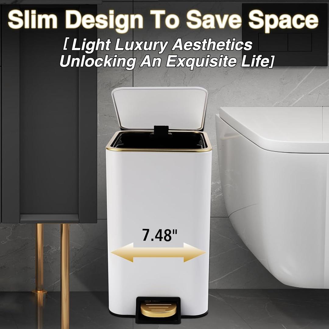 Small Bathroom Trash Can with Lid Soft Close, 1.8 Gallon Stainless Steel Garbage Can with Removable Inner Bucket, Slim Step Pedal Trash Bins (White)