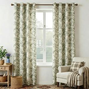 Green Floral Curtains for Living Room 96 Inches Long French Country Green Peony Print on Beige Linen Curtains Light Filtering Cottage Window Treatment Farmhouse Drapes, Pack-2, 50" W X 96" L