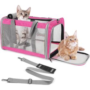Pet Carrier for Large Cats of 20 Lbs, Collapsible Carrier Bag for Big Cat or 2 Kittens,Soft Sided Puppy Carrier with Sturdy Travel Transport Strap, Adequate Ventilation, 4 Mesh Windows (Pink)