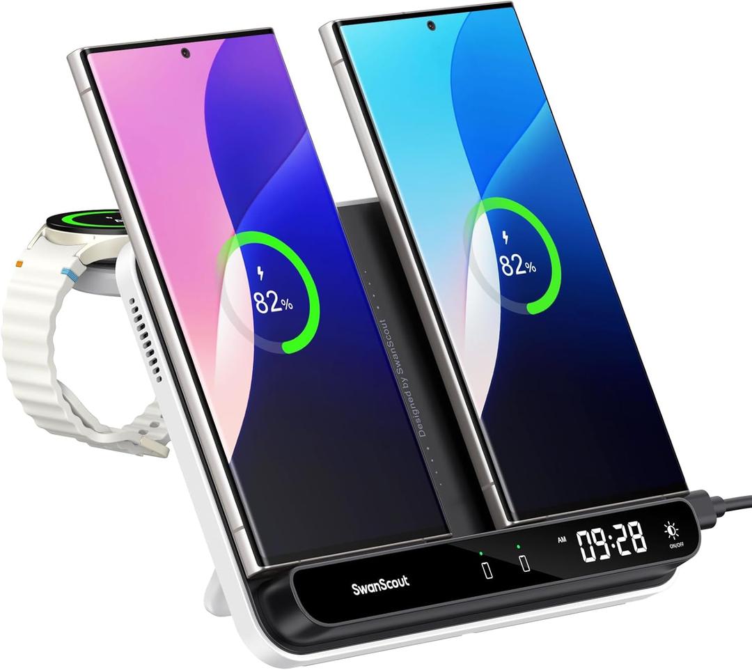 Charging Station for Samsung Watch, Dual Wireless Charger for Samsung S25 Ultra/S25+/S25/S24/S23/S22/S21/Z Flip/Z Fold, for Galaxy Watch 7/Ultra/6/5/4/3, SwanScout 710S