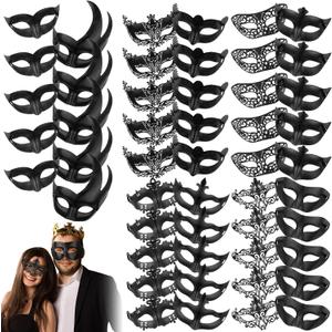Jenaai 50 Pcs Couple Masquerade Mask Venetian Mardi Gras Halloween Carnival Mask for Women and Men Costume Ball Party (Black)