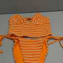 ZAFUL Striped Swim Suits for Women 2025 Halter V Neck Tankini Sets Terry Bikini High Cut Tie Side Thong Bathing Suit (Medium, Orange)