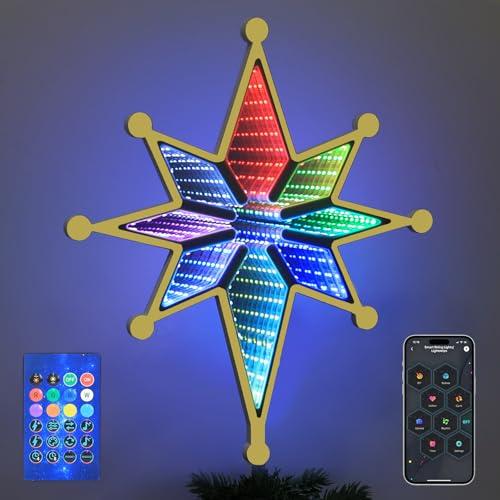 MEETYAMOR Smart Christmas Tree Topper, 13" 130 LEDs RGB Color Change Lighted 8-Point Star Tree Topper, App, Remote & Touch, USB Powered 3D Infinity Mirror Music Sync Treetop Decor for Xmas Party Gift